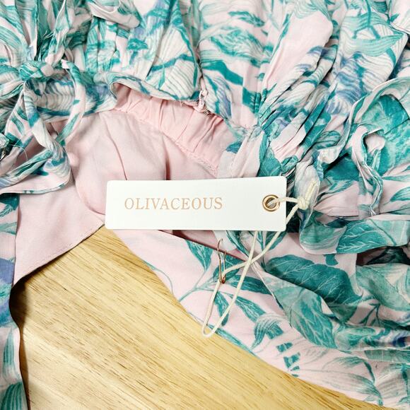 Olivaceous Womens Leaf Print V-Neck Tie Sleeve Pleated Fit & Flare Dress Large - Picture 10 of 10